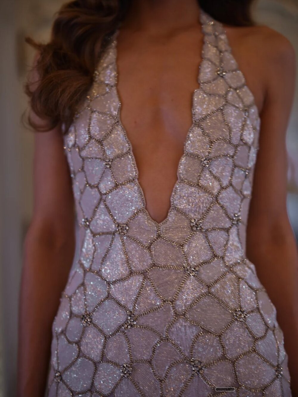 Rosie Etienne  NATALIA Dress Hand-beaded plunging halter silver/ white dress - Picture 4 of 10